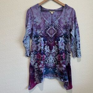 Live and Let Live Womens Large Blue Purple Shark Bite Hem Quarter Sleeve Blouse
